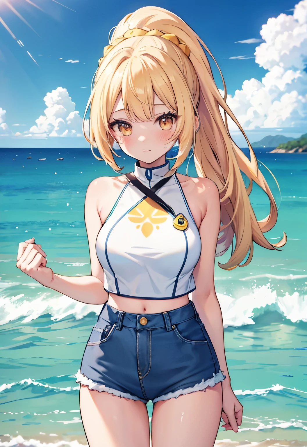 blond，Orange eyes，High Ponytail，Long hair，blush，Little yellow（Pokémon）Large Breasts，White Halter Competition Swimsuit，Seaside background，Denim shorts