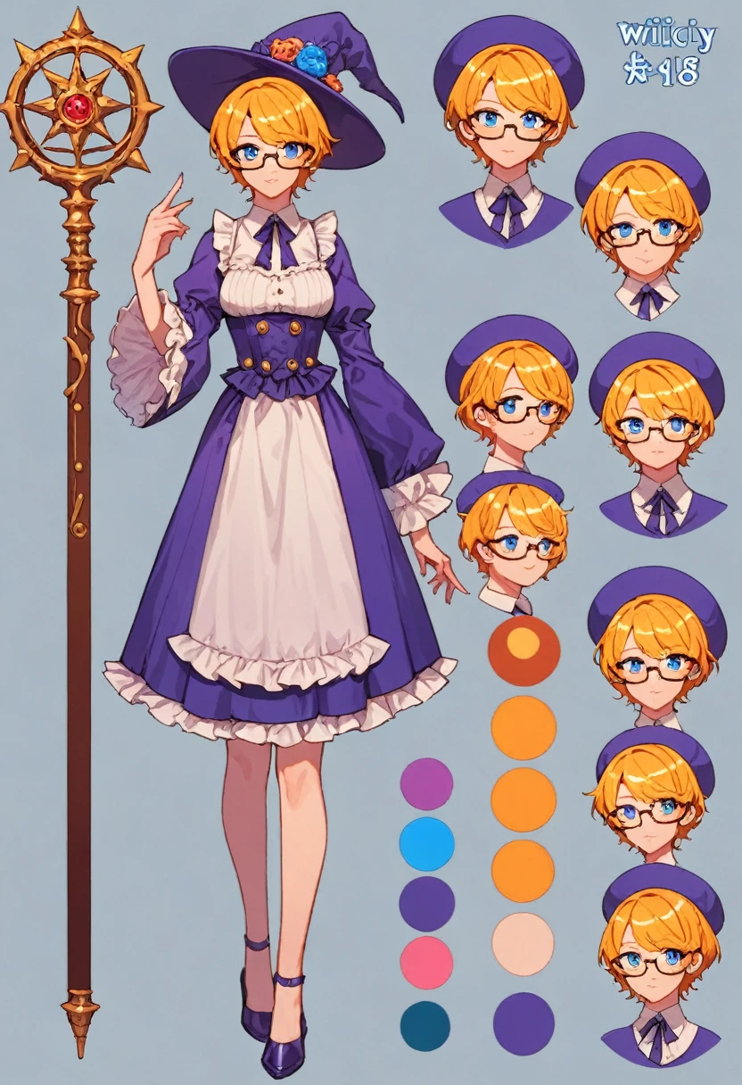 score_9, score_8_up, score_7_up, score_6_up, score_5_up, score_4_up, BREAK source_anime, 1girl, short blonde hair, blue eyes, thin rimmed glasses, witchy hat and dress, purple, teal and silver colors, creative design, full body, Reference sheet, Character sheet