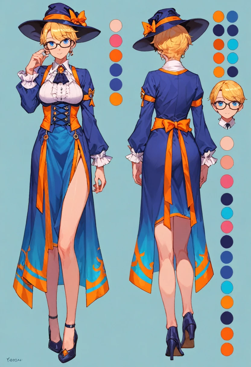 score_9, score_8_up, score_7_up, score_6_up, score_5_up, score_4_up, BREAK source_anime, 1girl, short blonde hair, blue eyes, thin rimmed glasses, witchy hat and dress, purple, teal and silver colors, creative design, full body, Reference sheet, Character sheet