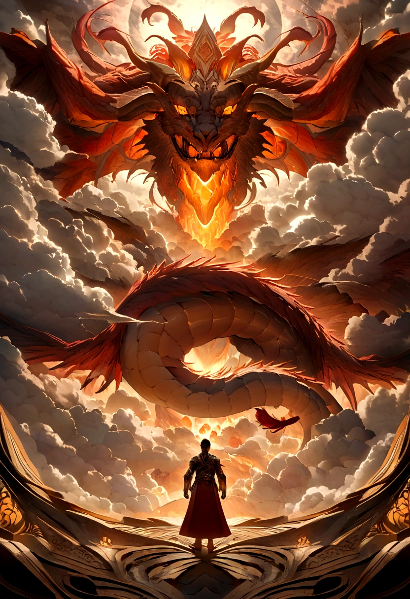China-style,Chinese mythology,chinesedragon,cough,Ferocious,gargantuan,The eyes glow red,Glow effects,surrounded by cloud,Thick clouds,buliding,The scene is,Full body like, highly detailed surreal vfx,oc rendered,