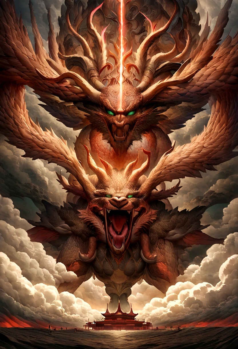 China-style,Chinese mythology,chinesedragon,cough,Ferocious,gargantuan,The eyes glow red,Glow effects,surrounded by cloud,Thick clouds,buliding,The scene is,Full body like, highly detailed surreal vfx,oc rendered,