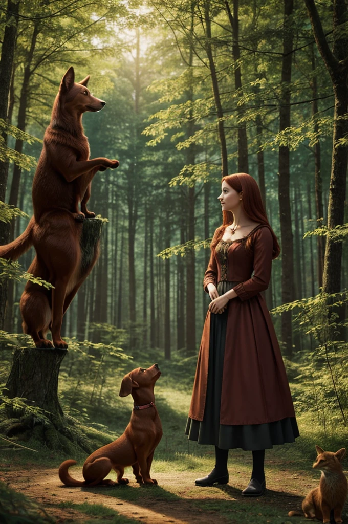Image for a fairy tale about a girl, standing in the forest, who can talk to different animals, red dachshund dog, black cat, a hare, wolf, bear