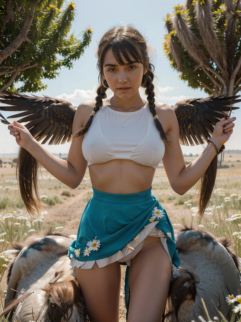 A girl with blue angel wings, riding an ostrich on the steppe, mouth open, sunlight shining on her face, eyes looking at the boy in front, hair studded with daisies, skin as white as peeled eggs, bangs long black braided hair, seductive big breasts. Wearing a short orange skirt and a green tank top, posing, surrounded by a vast prairie and grazing horses.