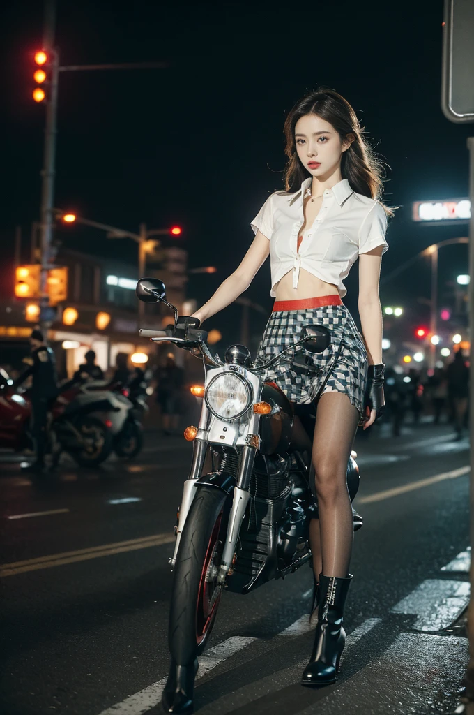 (((best quality))),(((ultra detailed))),(((masterpiece))),illustration,(1 beautiful girl,solo),((slim,thin)),((small breasts,flat chest)),(safety helmet:1.3),shoulder length straight hair,slender legs,cyberpunk, urban street,high school student, JK outfit,(riding on a motorcycle:1.3), sleek, (white collared short-sleeved shirt:1.3),(gloves:1.2),(red checkered pleated skirt:1.3),(pantyhose:1.3), stylish boots, confidence, determination, dark streets,neon lights, skyscrapers, urban noises, traffic, sirens, city sounds, futuristic, dystopian society, technology, fashion, explosive cocktail, style, , modernity, attitude, spirit, anything is possible,from front