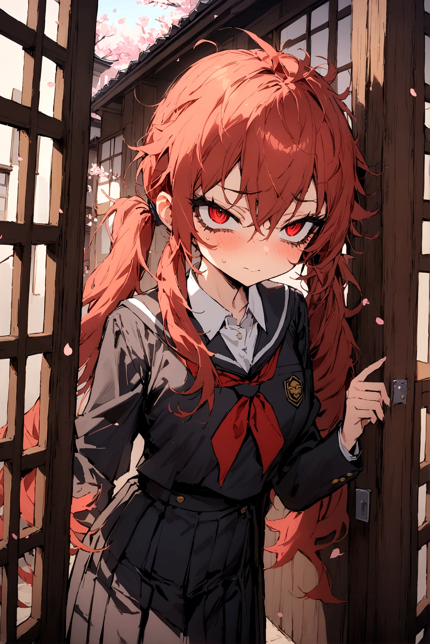 ((best quality)), ((masterpiece)), (detailed), 1girl, black_school_uniform, very_long_red_pigtails, messy_hair, red_eyes, sharp eyes, sharp eyelashes, Japanese_school_building_entrance_gate_background, cherry_blossoms, narrowed_eyes, deadpan_expression