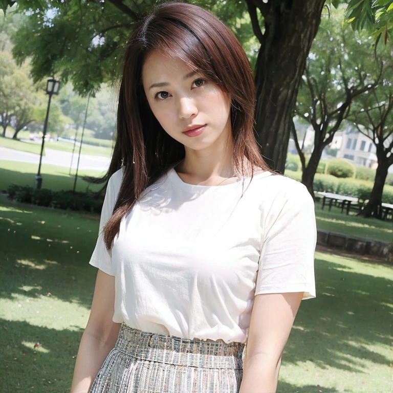 ((Highest quality、8K、masterpiece:1.3))、Realistic, Sharp focus, High resolution, High resolution, Portraiture, alone, Japanese women, Beautiful woman,  Short sleeve blouse、Casual skirt、 years old, semi-long、Standing in the park、Looking into the camera、smile、Photograph the whole body、tote bag