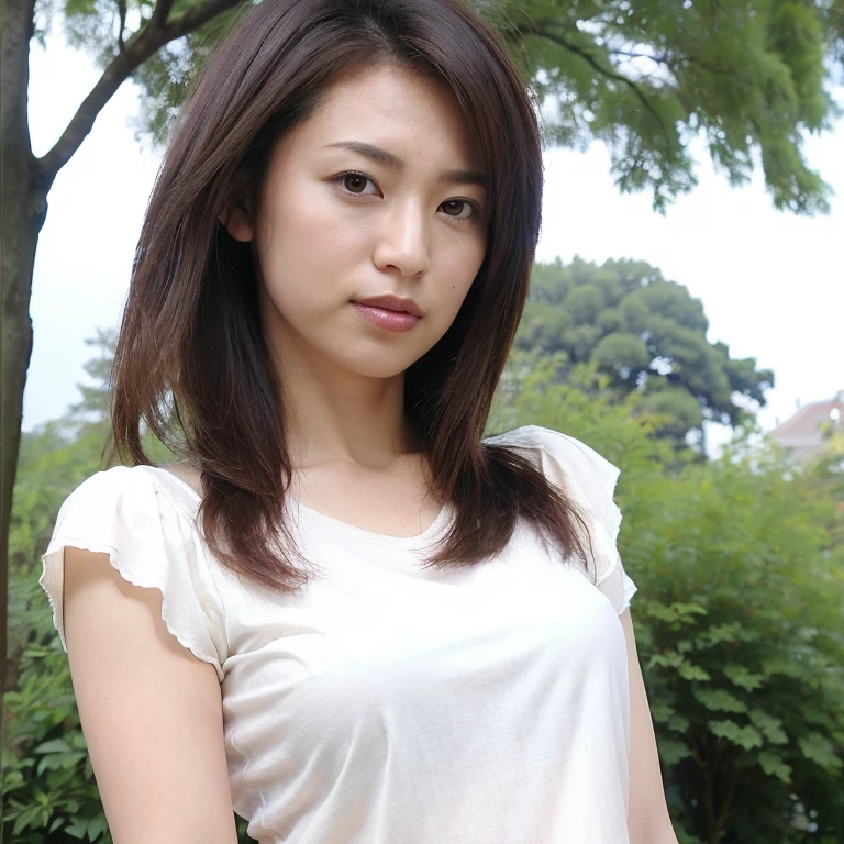 ((Highest quality、8K、masterpiece:1.3))、Realistic, Sharp focus, High resolution, High resolution, Portraiture, alone, Japanese women, Beautiful woman, Short sleeve blouse、Casual skirt、 years old, semi-long、Standing in the park、Looking into the camera、smile、Photograph the whole body、tote bag