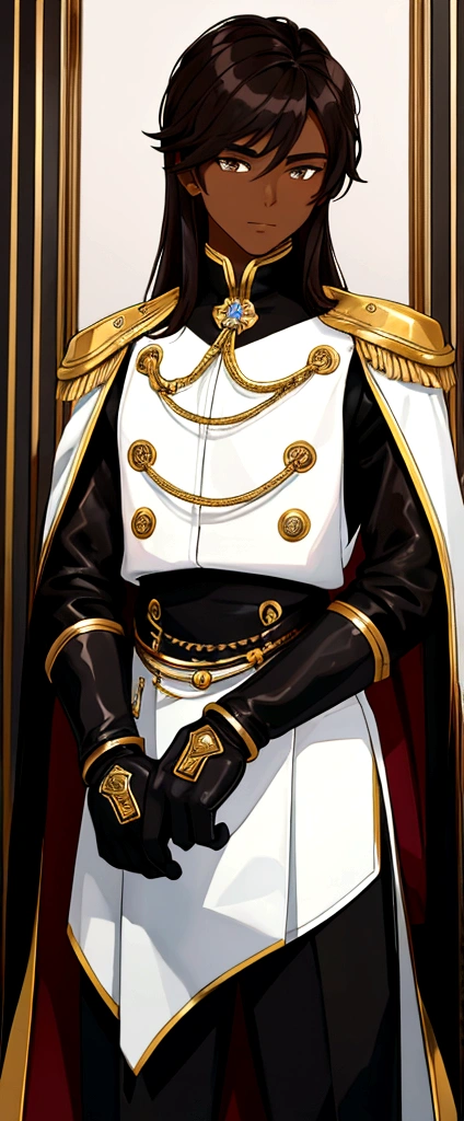 boy, darkskin, dark brown hair and white in the front, shoulder length hair with bangs, wide black pants with gold details, black fitted blouse, leather gloves. 