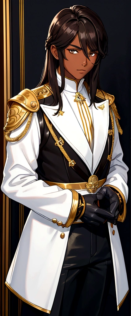 boy, darkskin, dark brown hair and white in the front, shoulder length hair with bangs, wide black pants with gold details, black fitted blouse, leather gloves.