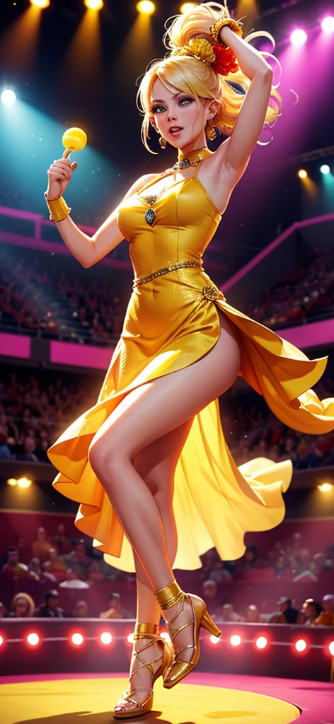 Generate an image of a blonde woman wearing flashy yellow long dresses and holding maracas while dancing. Set her in a vibrant and energetic performance setting, such as a lively stage with colorful lights and cheering audience, or a festive event with music and dancing. Capture the charisma and excitement of her performance, showcasing her passion for entertaining and engaging with the crowd. Enhance the image with elements that symbolize entertainment and energy, creating a visually captivating and dynamic scene.