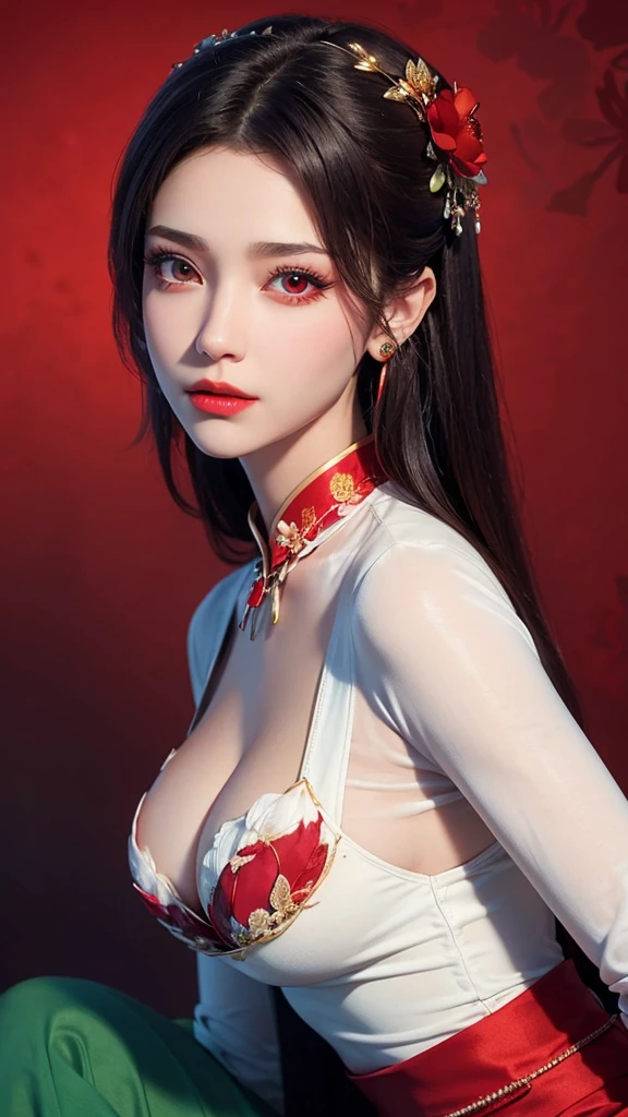 "1 beautiful girl in national costume, Wearing bright red traditional Chinese ao dai, Ao dai with red as the main color, Black chest border and gold border, long hair and white bangs,,, The most detailed and beautiful hair jewelry, Super cute little face, Very pretty face, Sparse eyebrows, The most perfect beautiful face, ((Black pupil:0.8)), Very beautiful eyes, ((Eyes red:1.4)), Beautiful and detailed eyelashes and very magical makeup, High Nose, earrings, thin lips, Red lips, No smiling, Beautiful lips, Rosy face, Clean face, Perfect beautiful face , smooth white skin, (Big breasts: 0.9)), Brams' chest, ((Large, Super round breasts): 0.9)), ((Super tight breasts: 1.2)), ((Breast augmentation surgery: 0.8)), Beautiful breasts, Sitting on the floor, Sitting with legs wide open, Thighs are wide and not shy, hands behind back, Chest forward, lean back a little, Beautiful girl's upper body, 8k photo, ultra-quality, Hyper realistic, 10x Super Pixels, photographrealistic, bright studio, Bright edges, Two-tone bright colors, (high detailing) skin: 1.2), 8k ultra, Soft light, High quality , Volumetric lighting, Realistic, Photos, High resolution, light, Best Photo, 4K, The 8k quality, Blur effect, Smooth and sharp, 10x pixel, Aurora, Lightning, Super Graphics , The most realistic graphics,(Red flower background: 1.7), Alone, Solo, Portraits 9:16, Very sharp, Surreal images."