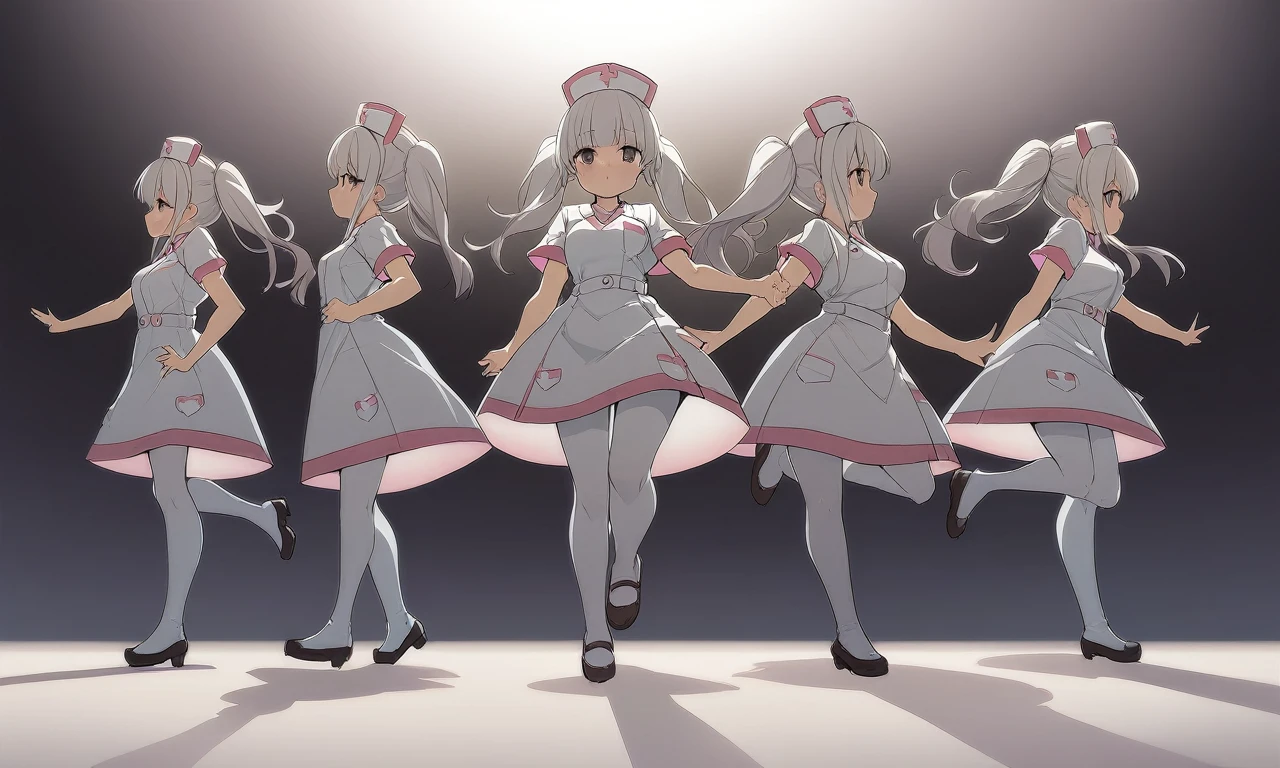 early anime style, dynamic angle, dynamic Composition, Chibi, Same nurse girls, Nurse Costume, Quadruple Fashion, White tights, a double silhouette, (Fast Forward:1.6), Continuous movement, masterpiece, best Quality, highly detailed,