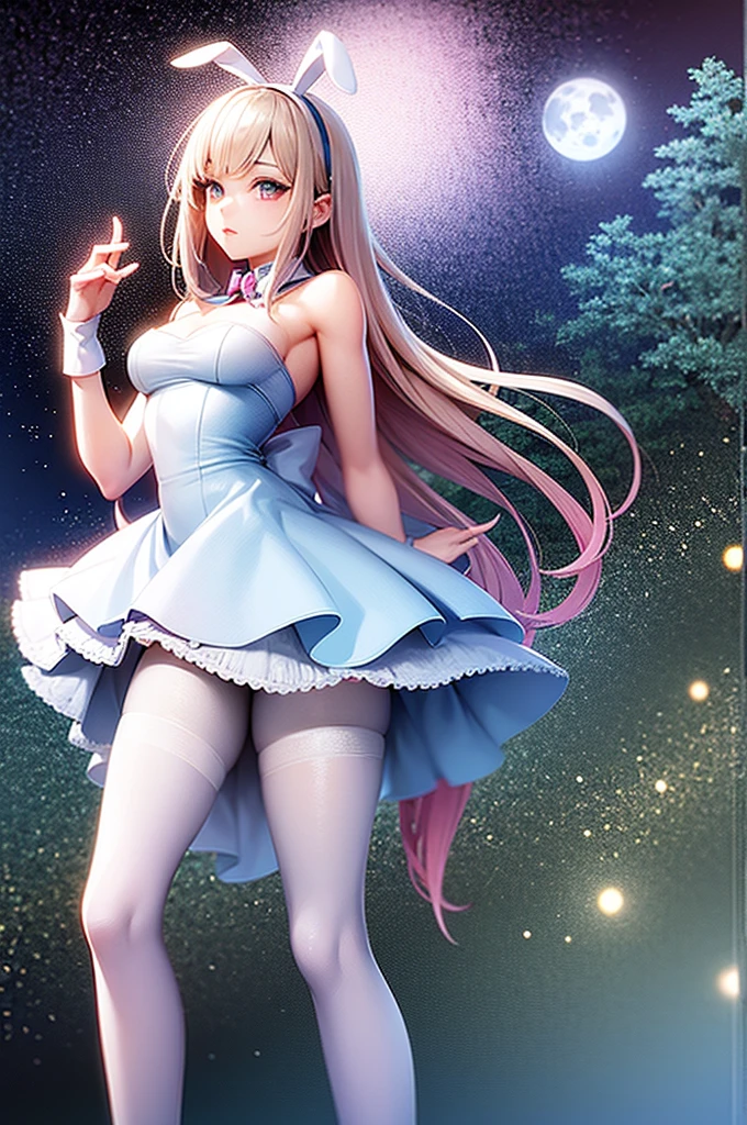 Alice (in wonderland), beautiful young adult (feminine), chic, funny body, Scrawny, medium breasts, soft and charming look, roupas feminines (white may) bunny outfit, white tights, bunny ears, high-heels, in the forest at night, full moon visible in the background, 8K, best qualityer, realistic anime style, RPG