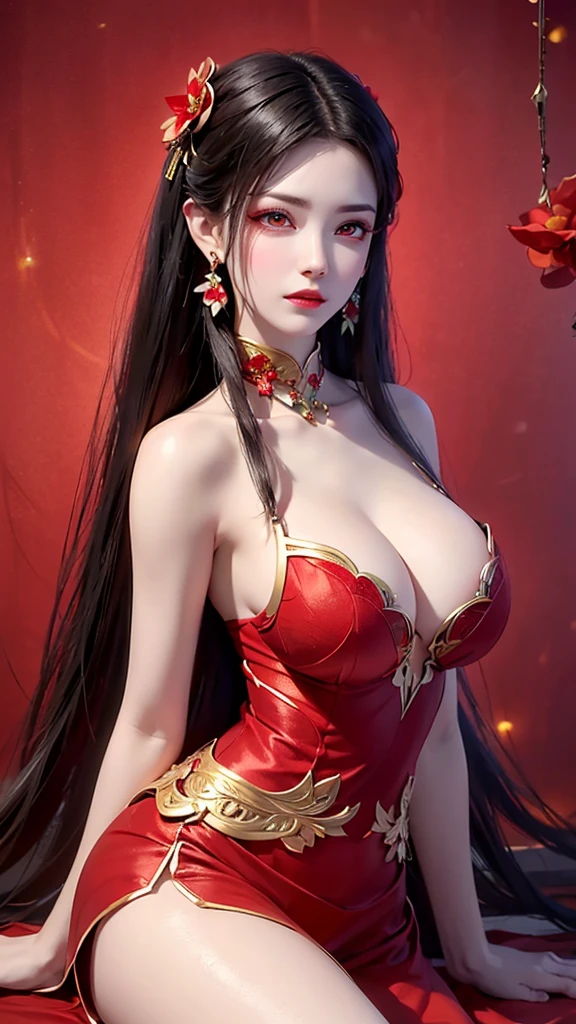 "1 beautiful girl in national costume, Wearing bright red traditional Chinese ao dai, Ao dai with red as the main color, Black chest border and gold border, long hair and white bangs,,, The most detailed and beautiful hair jewelry, Super cute little face, Very pretty face, Sparse eyebrows, The most perfect beautiful face, ((Black pupil:0.8)), Very beautiful eyes, ((Eyes red:1.4)), Beautiful and detailed eyelashes and very magical makeup, High Nose, earrings, thin lips, Red lips, No smiling, Beautiful lips, Rosy face, Clean face, Perfect beautiful face , smooth white skin, (Big breasts: 0.9)), Brams' chest, ((Large, Super round breasts): 0.9)), ((Super tight breasts: 1.2)), ((Breast augmentation surgery: 0.8)), Beautiful breasts, Sitting on the floor, Sitting with legs wide open, Thighs are wide and not shy, hands behind back, Chest forward, lean back a little, Beautiful girl's upper body, 8k photo, ultra-quality, Hyper realistic, 10x Super Pixels, photographrealistic, bright studio, Bright edges, Two-tone bright colors, (high detailing) skin: 1.2), 8k ultra, Soft light, High quality , Volumetric lighting, Realistic, Photos, High resolution, light, Best Photo, 4K, The 8k quality, Blur effect, Smooth and sharp, 10x pixel, Aurora, Lightning, Super Graphics , The most realistic graphics,(Red flower background: 1.7), Alone, Solo, Portraits 9:16, Very sharp, Surreal images."