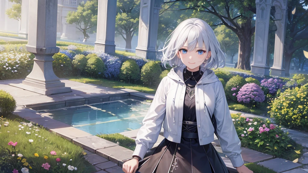 Ultra HD,Look at the viewers, Put your hands behind your back, With a girl, 20-year-old, Very short hair, Long bangs between the eyes, Pale blue eyes, hoodie, skirt , Very detailed,(masterpiece、Highest quality),Gray Hair、Laughter、Fantastic, Silver Hair, Iris, Short hair、 Fluttering Hair、Small Face、Bright smile、(Detailed face) ,Professional Lighting,Wonderful landscape,blue sky, sunlight,Looking down from above,Portraiture、Open your mouth、Flower Field