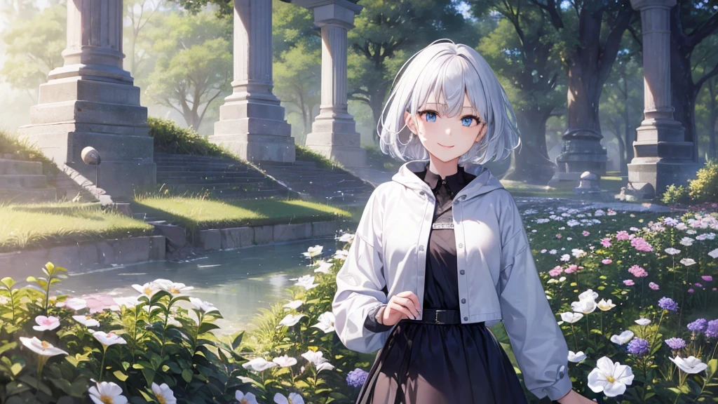 Ultra HD,Look at the viewers, Put your hands behind your back, With a girl, 20-year-old, Very short hair, Long bangs between the eyes, Pale blue eyes, hoodie, skirt , Very detailed,(masterpiece、Highest quality),Gray Hair、Laughter、Fantastic, Silver Hair, Iris, Short hair、 Fluttering Hair、Small Face、Bright smile、(Detailed face) ,Professional Lighting,Wonderful landscape,blue sky, sunlight,Looking down from above,Portraiture、Open your mouth、Flower Field