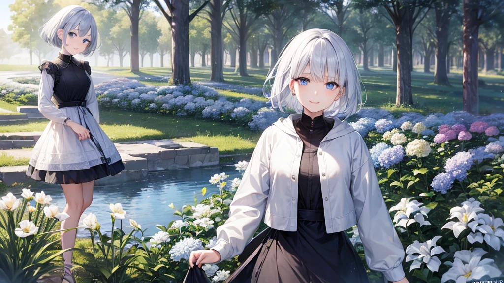 Ultra HD,Look at the viewers, Put your hands behind your back, With a girl, 20-year-old, Very short hair, Long bangs between the eyes, Pale blue eyes, hoodie, skirt , Very detailed,(masterpiece、Highest quality),Gray Hair、Laughter、Fantastic, Silver Hair, Iris, Short hair、 Fluttering Hair、Small Face、Bright smile、(Detailed face) ,Professional Lighting,Wonderful landscape,blue sky, sunlight,Looking down from above,Portraiture、Open your mouth、Flower Field