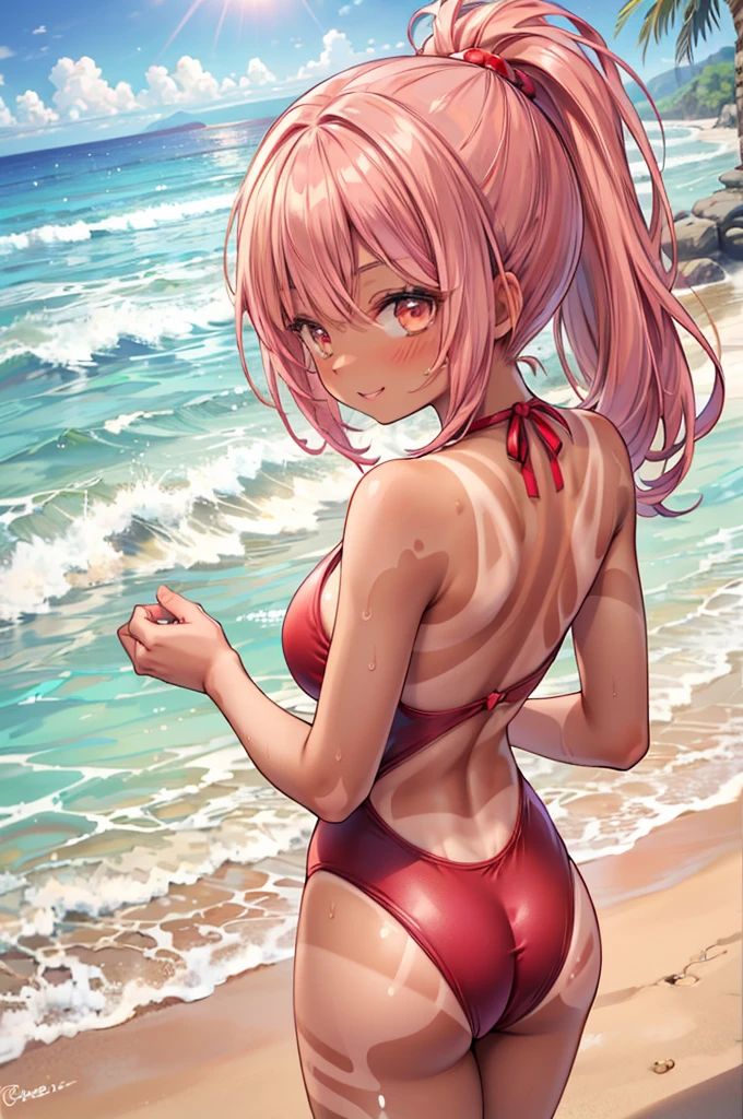 masterpiece, best quality, nsfw,
1girl, (red brown skin:1.23),
(obvious tan lines from a cross back competitive swimsuits:1.3)
pink hair, smile,
beach,