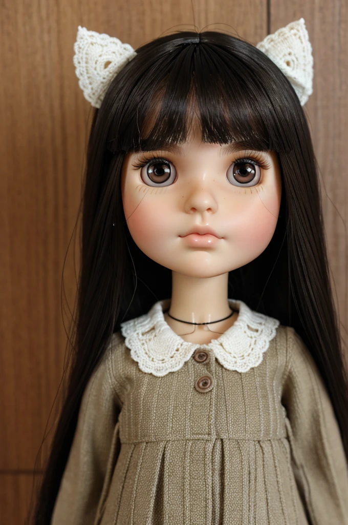 Blythe doll, chubby girl, round face, brunette, Mole under the right eye, dark brown eyes and a LITTLE slanted, black hair, thick lips, long eyelashes, straight hair