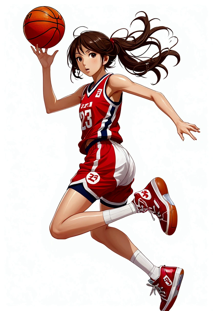 Create images in Japanese anime style. Full body image of age girl wearing basketball uniform. of the Japanese national team, number 23, tight shorts, looks sexy ((basketball jump shot)), floating figure, bottom corner image, without any other elements. in the white background