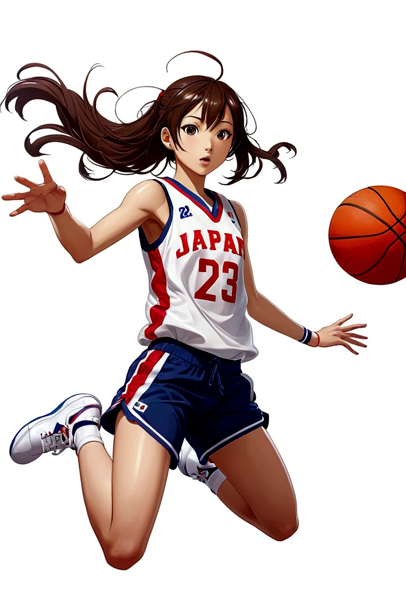 Create images in Japanese anime style. Full body image of teenage girl wearing basketball uniform. of the Japanese national team, number 23, tight shorts, looks sexy ((basketball jump shot)), floating figure, bottom corner image, without any other elements. in the white background