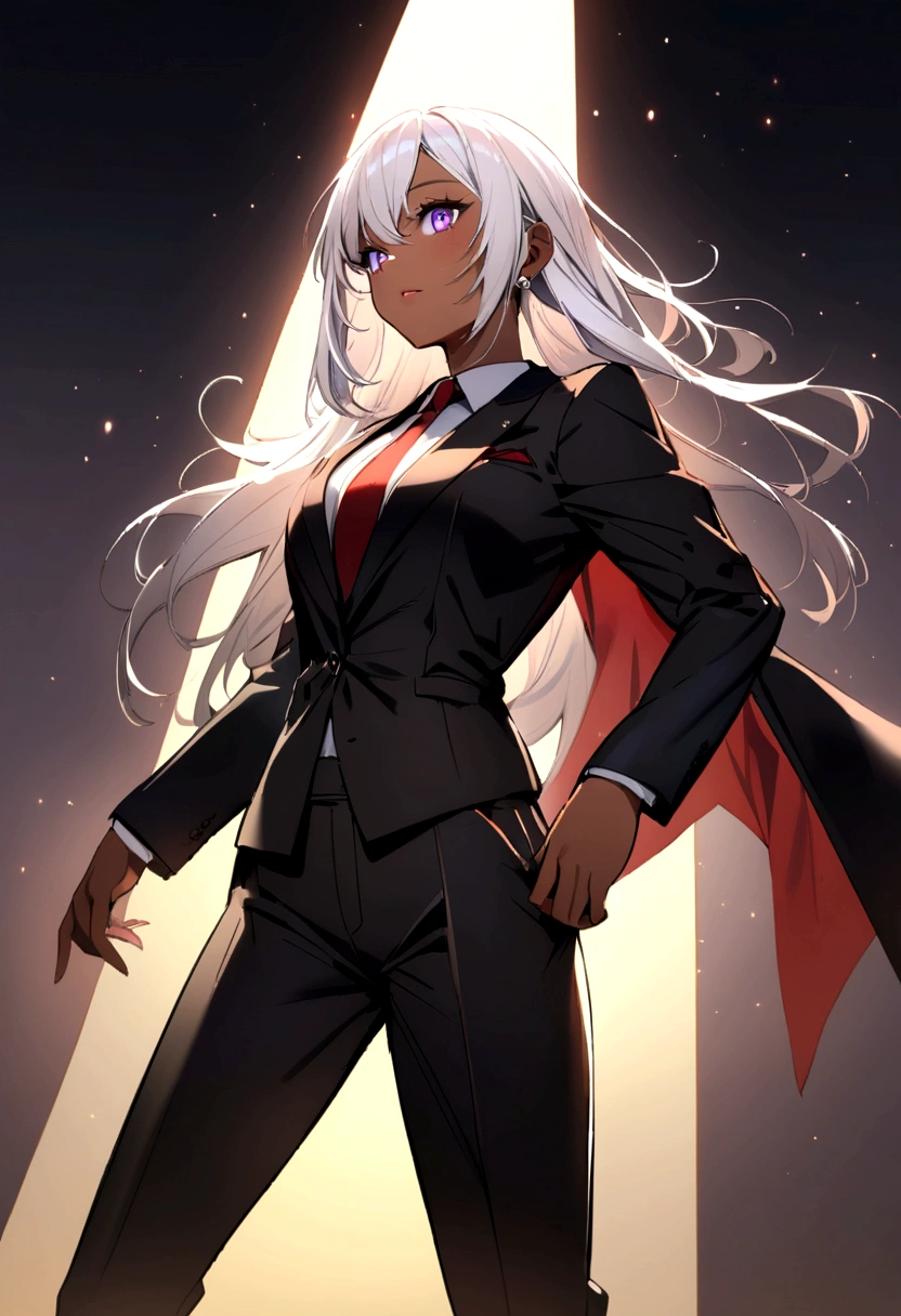 girl with white hair, dark skin with purple eyes, with a black formal suit and a red tie