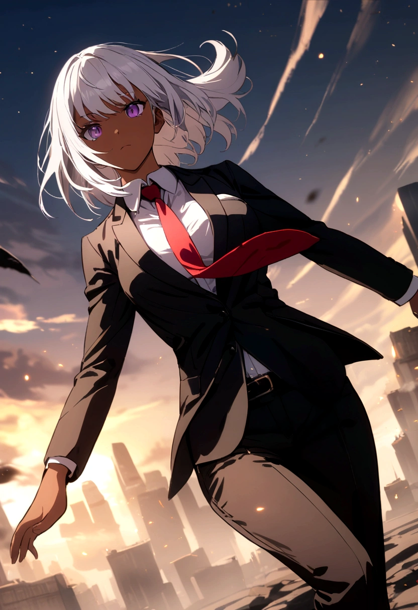 girl with white hair, dark skin with purple eyes, with a black formal suit and a red tie