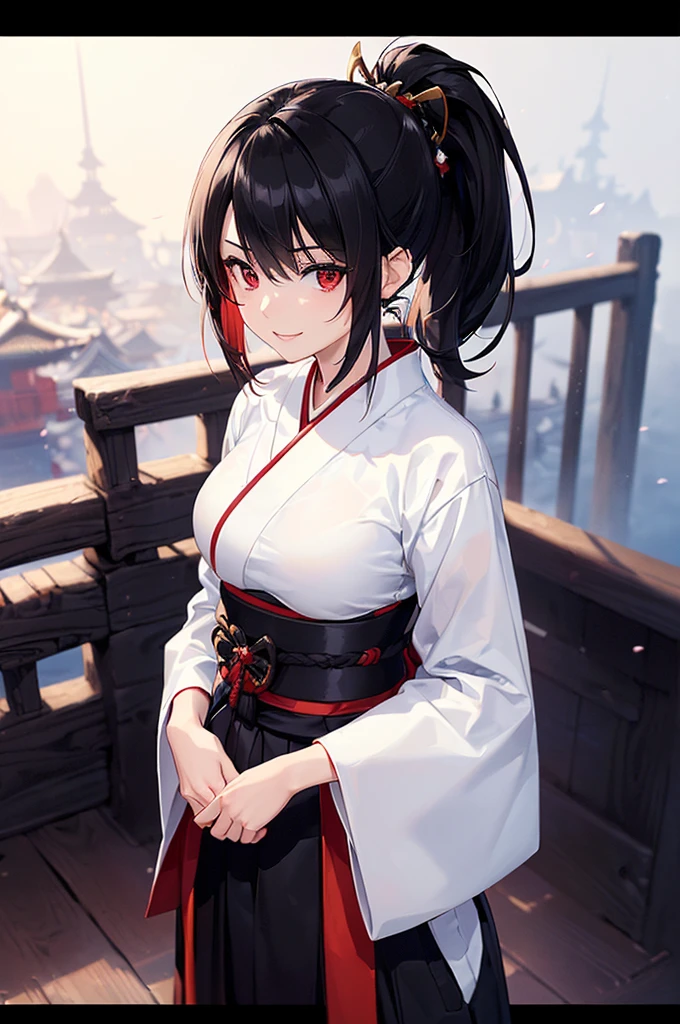 (masterpiece; best quality: 1.2), (finely detailed eyes: 1.3), ((25 year old woman)), ((solo)), (red eyes: 1.4), (body; lithe, toned, femenine: 1.3), (black hair in ponytail: 1.3), (beautiful and clear background: 1.2), ((depth of field)), (clothes: samurai attire + black-and-white hakama + red sash: 1.3), (anime illustration: 1.2), (background; old japanese castle exterior + night time: 1.1), (extremely fine and beautiful: 1.1), (shot composition; standing + centered on torso + close-up: 1.5), (expression; calm, smile: 1.2)