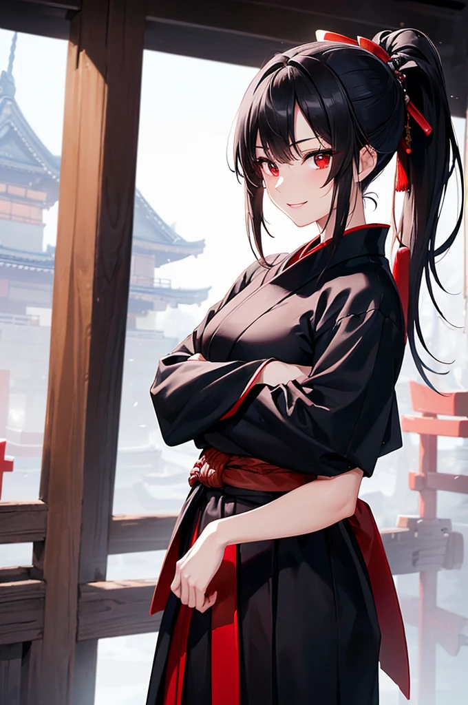 (masterpiece; best quality: 1.2), (finely detailed eyes: 1.3), ((25 year old woman)), ((solo)), (red eyes: 1.4), (body; lithe, toned, femenine: 1.3), (black hair in ponytail: 1.3), (beautiful and clear background: 1.2), ((depth of field)), (clothes: samurai attire + black-and-white hakama + red sash: 1.3), (anime illustration: 1.2), (background; old japanese castle exterior + night time: 1.1), (extremely fine and beautiful: 1.1), (shot composition; standing + centered on torso + close-up: 1.5), (expression; calm, smile: 1.2)