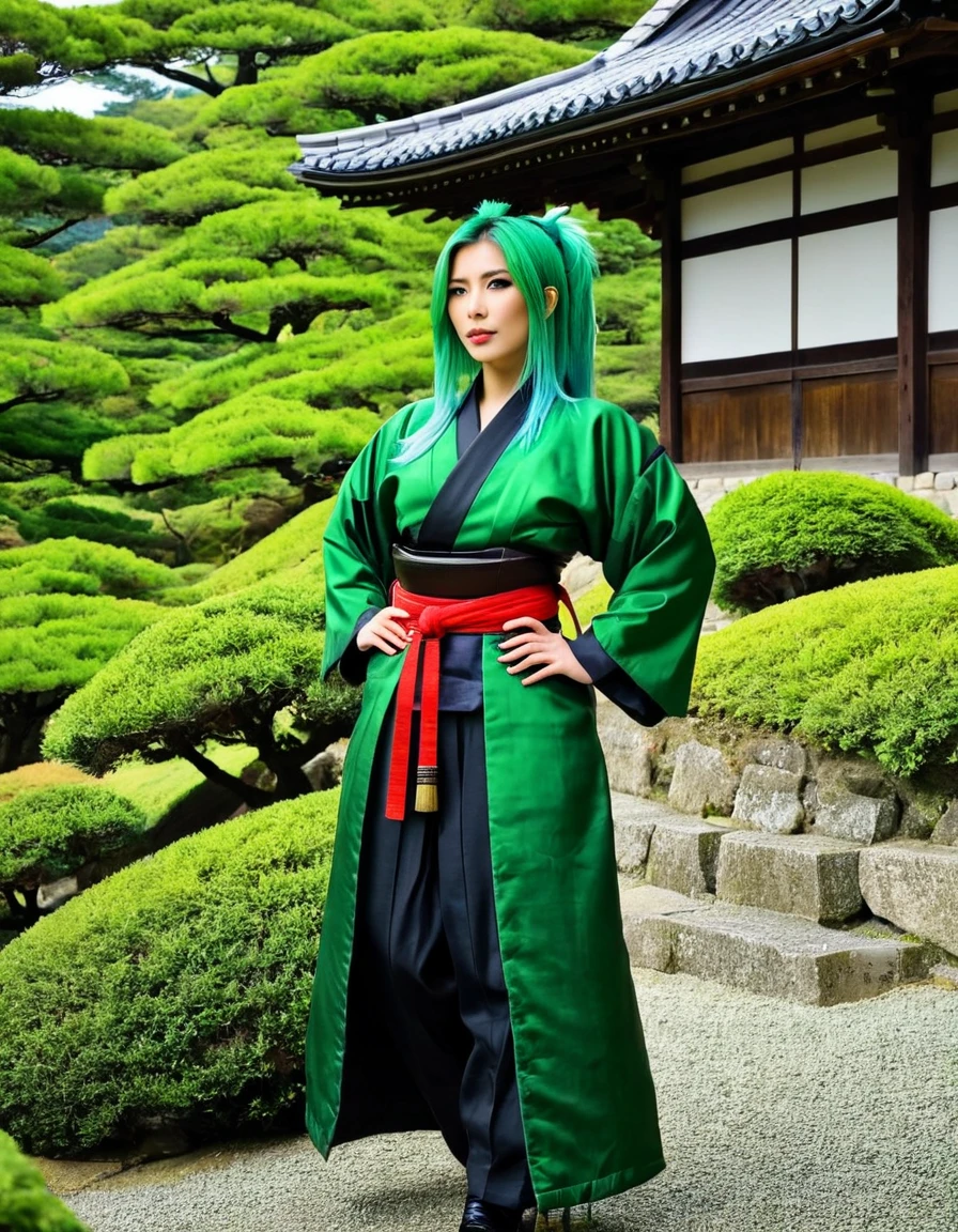 A woman with green hair, dressed in a traditional samurai outfit, standing in a historical Japanese castle.