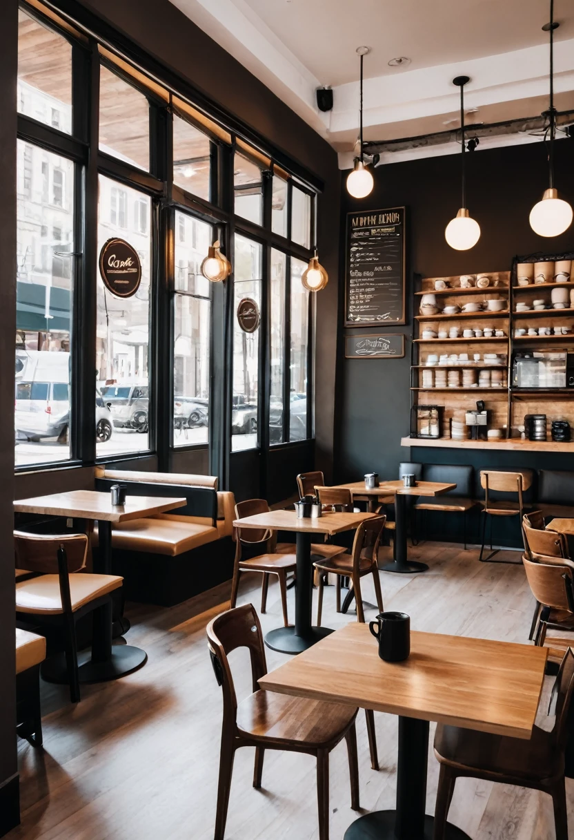 coffee shop interior with tables and coffee cups on them