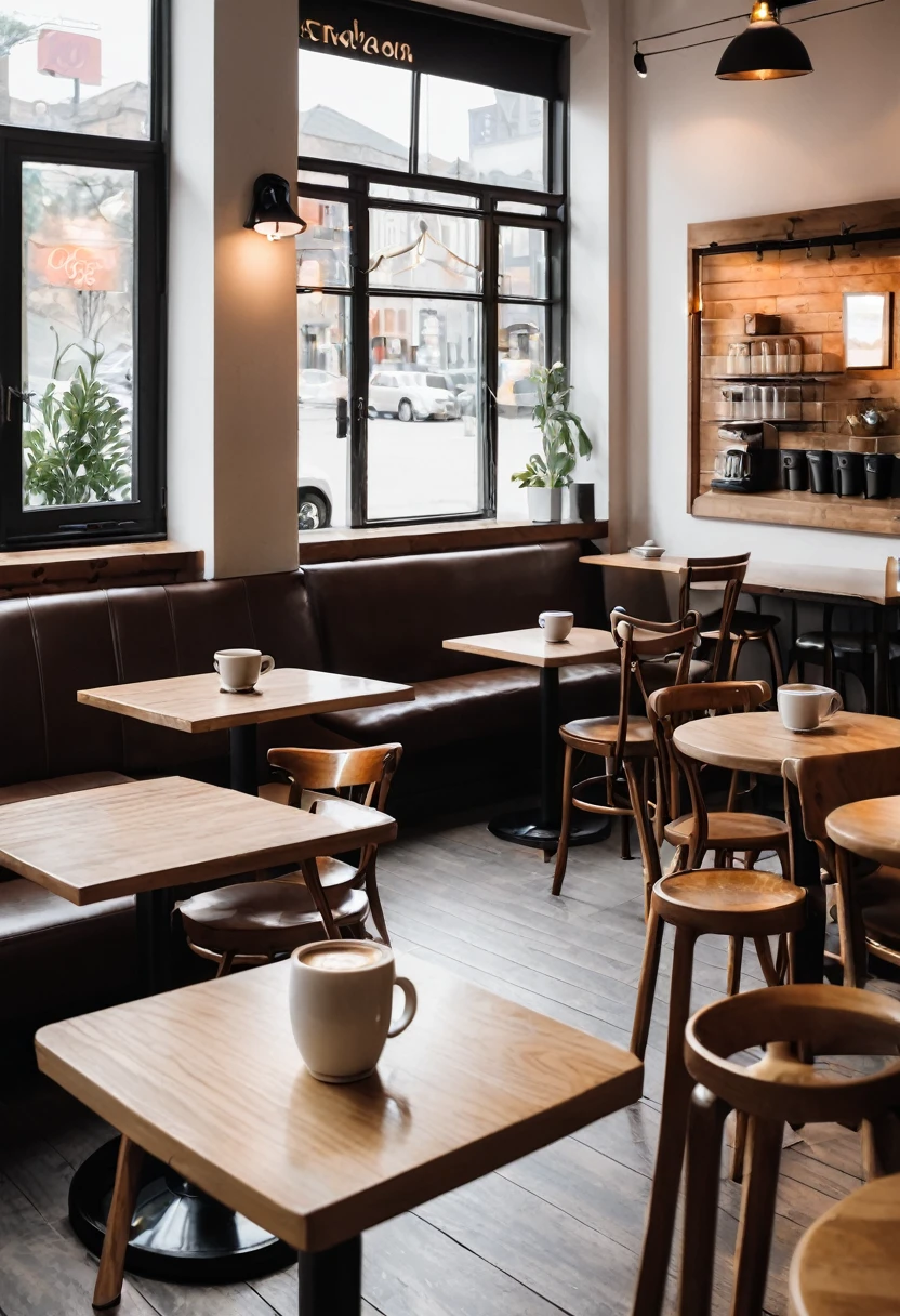 coffee shop interior with tables and coffee cups on them