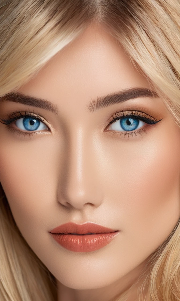 A portrait of a beautiful woman with the following features:
- Straight, long bright blonde hair
- Large, expressive blue eyes with natural makeup and emphasized with eyeliner and mascara
- High cheekbones and a well-defined nose, giving a sculpted and exotic appearance
- Healthy, bronze-colored skin
- Wearing a stylish suit
- A cool, composed expression
- Ensure her facial features do not appear Asian