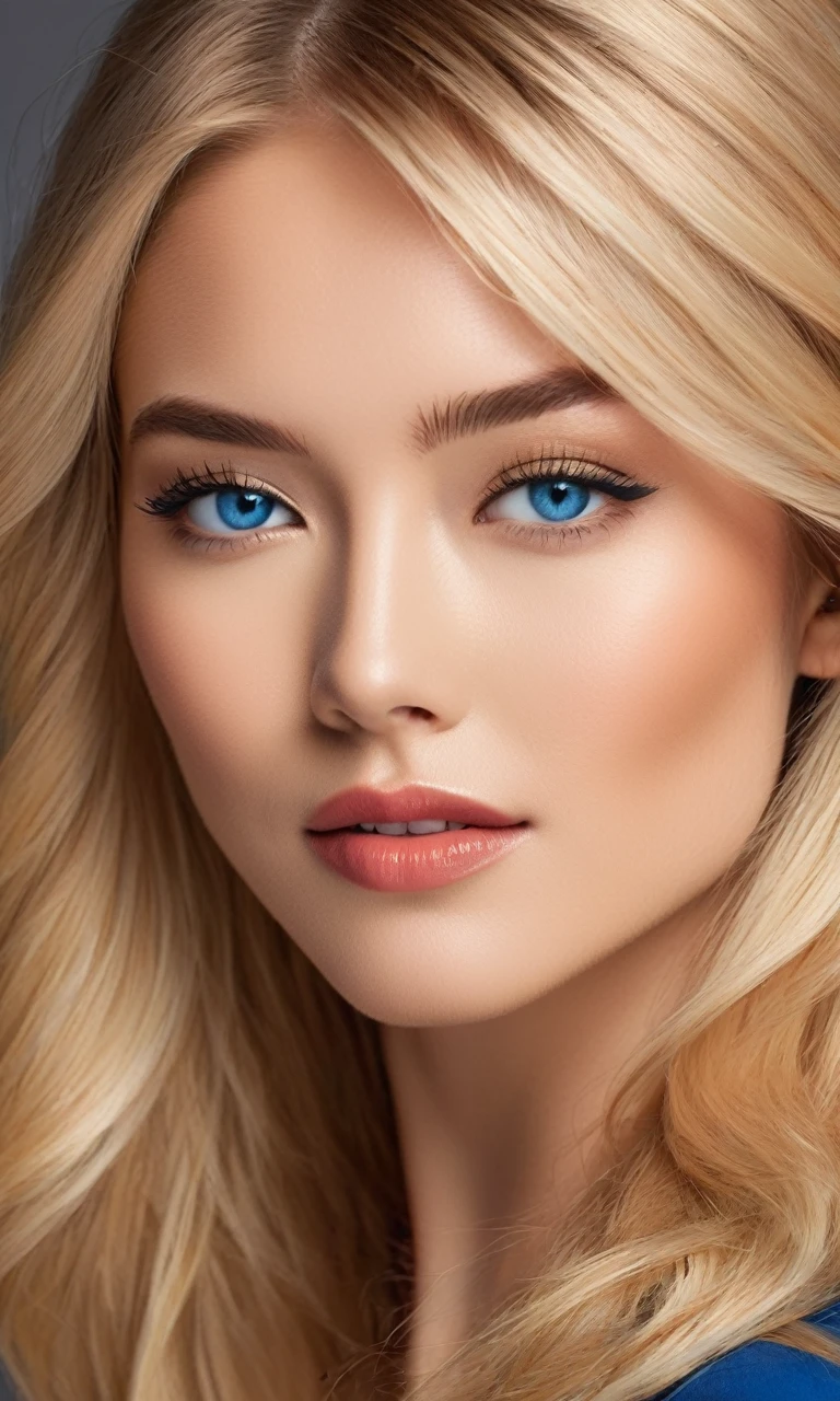 A portrait of a beautiful woman with the following features:
- Straight, long bright blonde hair
- Large, expressive blue eyes with natural makeup and emphasized with eyeliner and mascara
- High cheekbones and a well-defined nose, giving a sculpted and exotic appearance
- Healthy, bronze-colored skin
- Wearing a stylish suit
- A cool, composed expression
- Ensure her facial features do not appear Asian