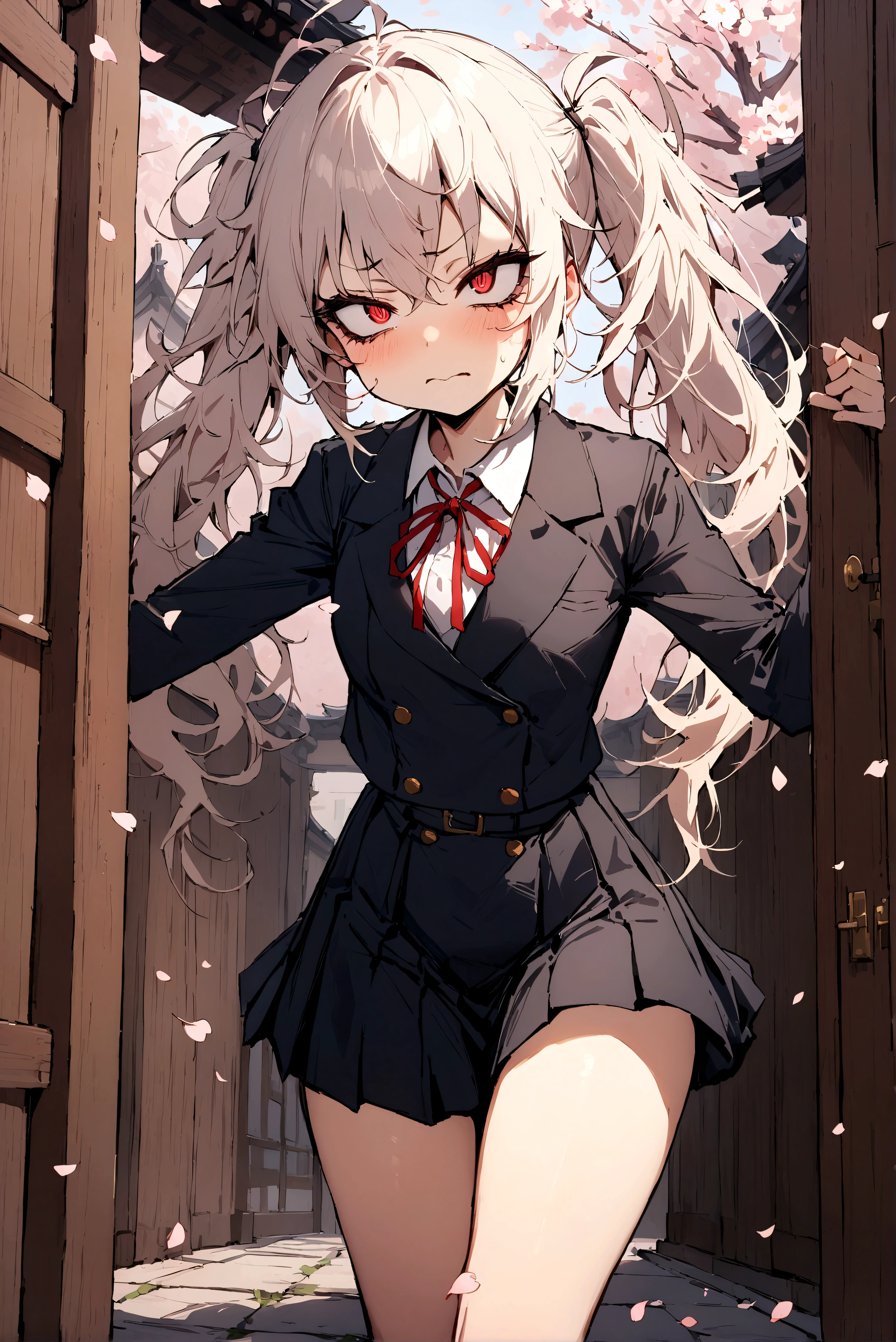 ((best quality)), ((masterpiece)), (detailed), 1girl, black_school_uniform, very_long_red_pigtails, messy_hair, red_eyes, sharp eyes, sharp eyelashes, Japanese_school_building_entrance_gate_background, cherry_blossoms, narrowed_eyes, deadpan_expression