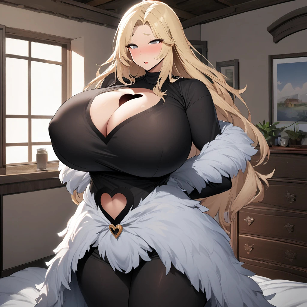 1girl,solo, Women,blonde hair color,long hair,grey eyes,slanted eyes,double edged eyelid,super huge breaster,black knit long sleeves,chest Heart-shaped hole in clothing,feather shawl,sexual passio,standing up,house,in room
