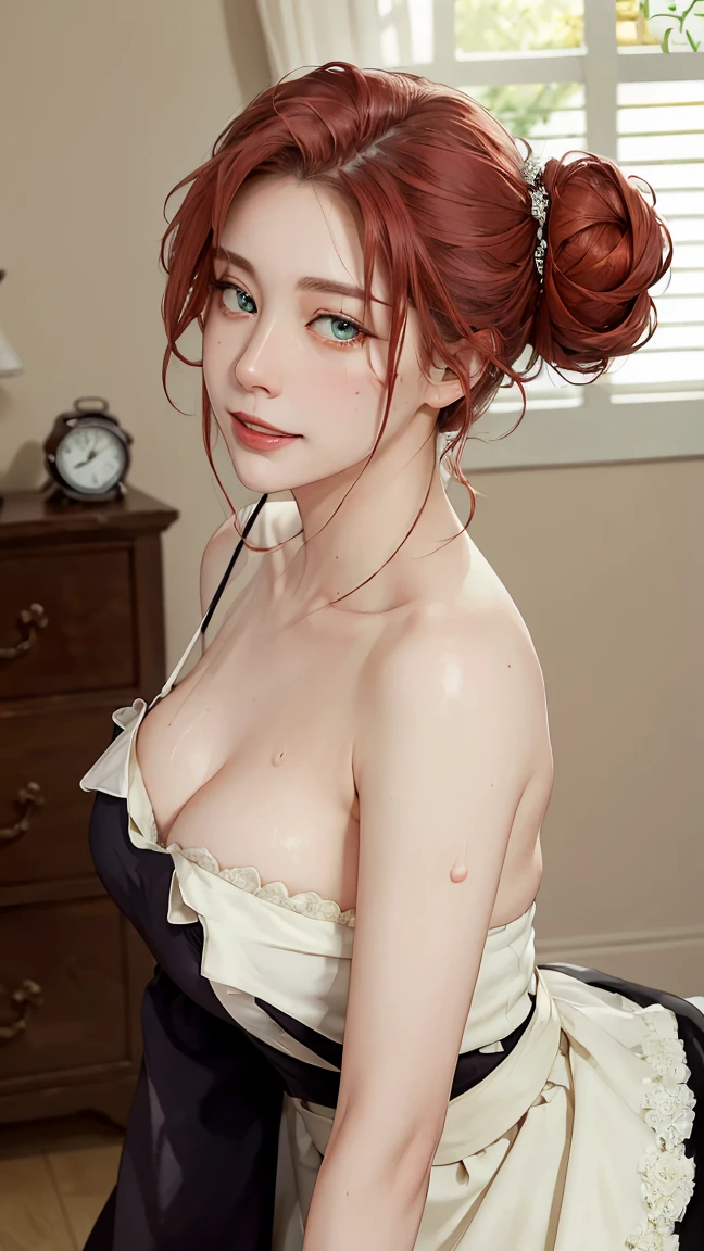 ((((masterpiece, best quality, high resolution)))), Extremely detailed 8K, Beautiful girl with voluptuous body, (low-angle shot), (Ultra HD, Ultra-detailed, Highly detailed, Highly realistic, Ultra-realistic, photograph realistic), (Realistic red hair), (single hair bun), (porn poses), (embarrassed, smile), (beautiful detailed face, aroused expression, seductive look, lustful eyes, flushed cheeks, parted lips, beautiful detailed eyes), (maid outfit), (macro skirts), (standing up), sweat, (sunbeam, sunlight), seductive, naughty