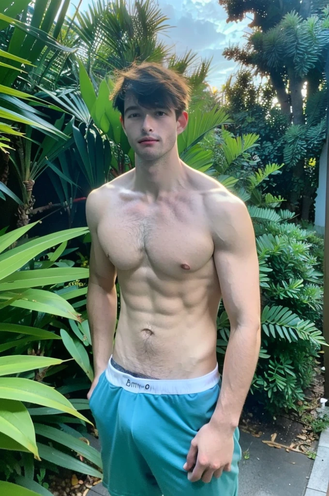 a handsome wearing underwear, upper body, outdoor, 28yo, caucasian, darelljones, ultra realistic, highres, solo, american boy, tropical forest, chill vibe, (masterpiece,best quality:1.5)