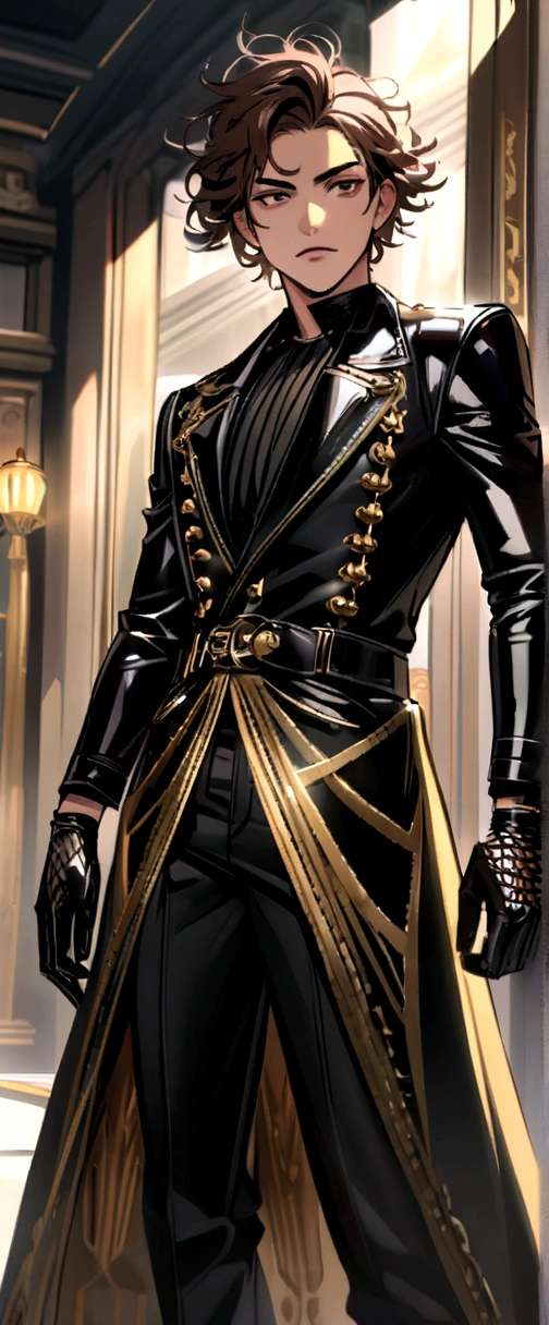 boy, brown skin, dark brown hair and white bangs, messy hair, wide black pants with gold details, black fitted blouse, leather gloves, roupa moderna.