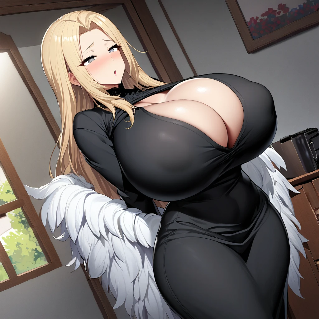 1girl,solo,Mature Women,blonde hair color,long hair,Her hair is tucked back,grey eyes,slanted eyes,double edged eyelid,super huge breasts,slender,black knit long sleeves,chest Heart-shaped hole in clothing,feather shawl,sexual passion,near,standing up,house,in room