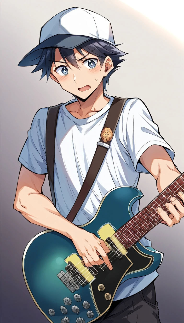 A black-haired boy vocalist playing electric guitar in a three-piece band、Wearing a revolution yellow Fukuoka SoftBank Hawks baseball cap、Wearing a revolution yellow Fukuoka SoftBank Hawks baseball shirt、レボリューションイエローの福岡ソフトバンクホークスのベースボールキャップをかぶりレボリューションイエローの福岡ソフトバンクホークスのベースボールシャツを着て歌うSpiky Hairの少年、　shout、Speed、Spiky Hair、