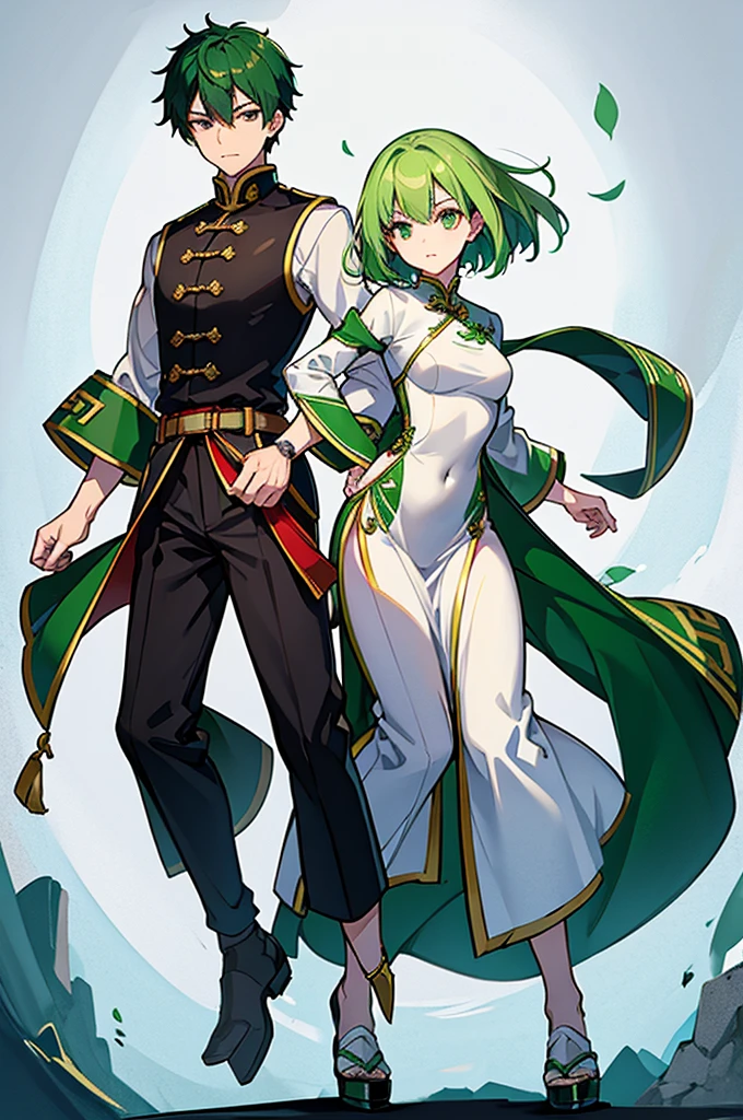 Green Hair、Her hair is short、small breast、upright stance、full body、Fighter、male、Uniform、Chinese Knight、Chinese style、White background、No exposure、China dress、pants、band、front、White clothes、Kung Fu、slender