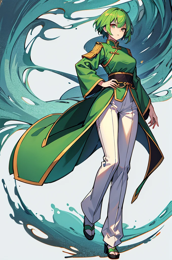 Green Hair、Her hair is short、small breast、upright stance、full body、Fighter、male、Uniform、Chinese Knight、Chinese style、White background、No exposure、China dress、pants、band、front、White clothes、Kung Fu、slender