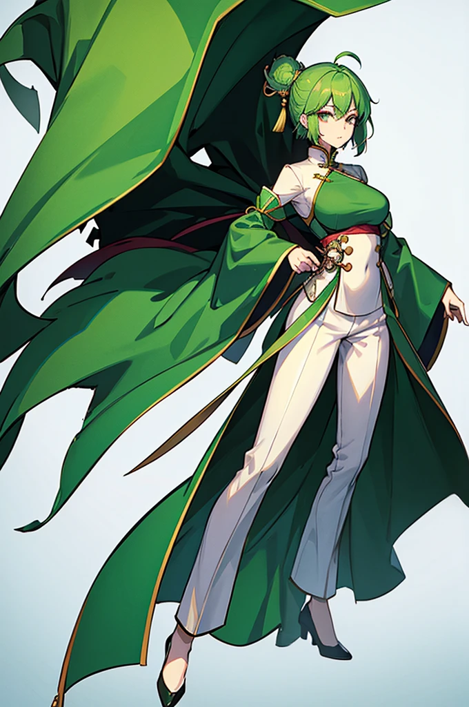 Green Hair、Her hair is short、small breast、upright stance、full body、Fighter、male、Uniform、Chinese Knight、Chinese style、White background、No exposure、China dress、pants、band、front、White clothes、Kung Fu、slender