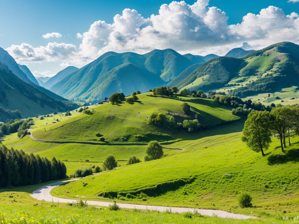 a breathtaking landscape,rolling hills,lush green meadows,winding river,majestic mountains in the distance,fluffy white clouds,warm golden sunlight,detailed foliage,vibrant colors,serene atmosphere,(best quality,4k,8k,highres,masterpiece:1.2),ultra-detailed,(realistic,photorealistic,photo-realistic:1.37),landscape,vivid colors,natural lighting