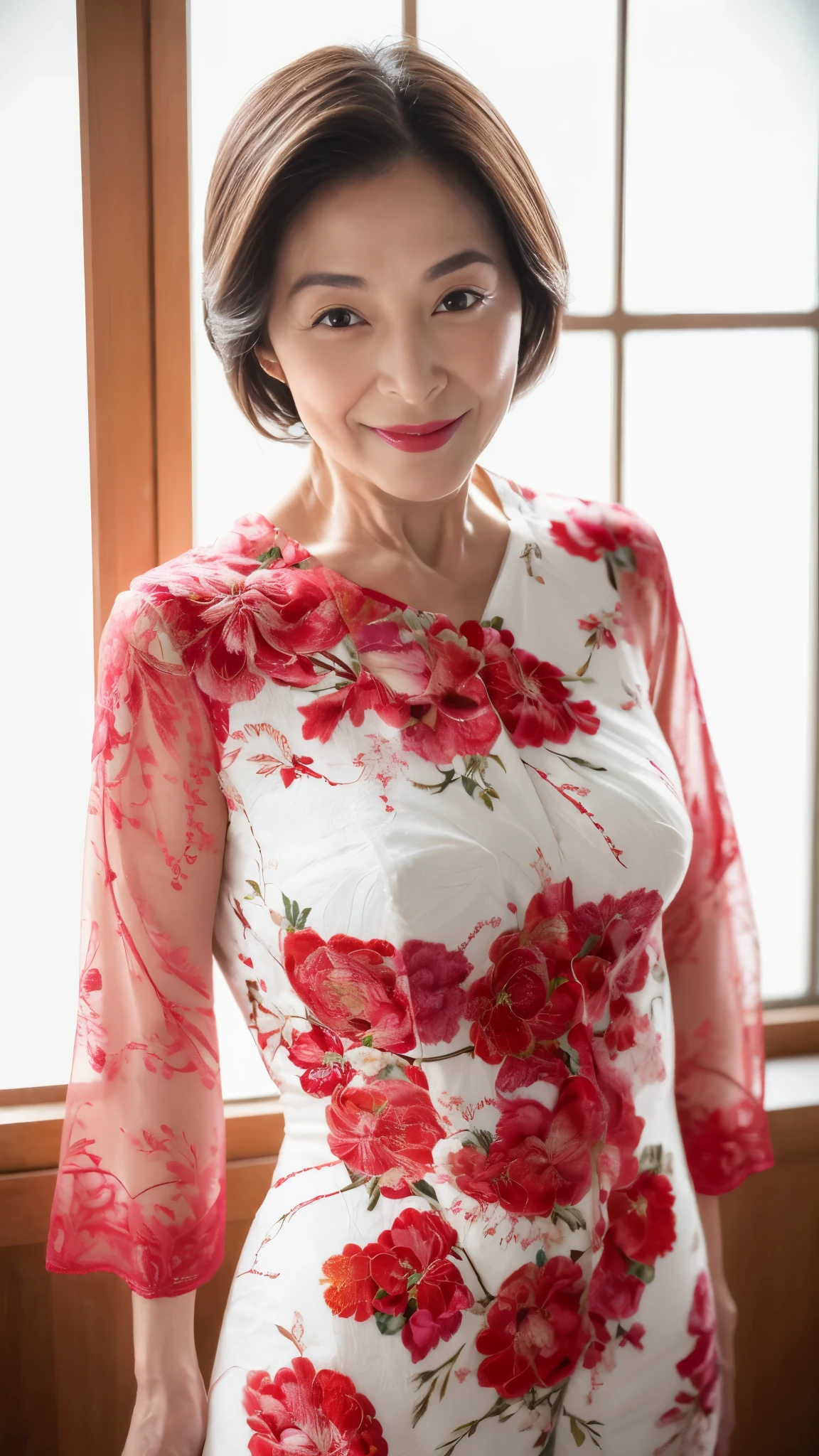 Chinoiserie, Mid-range close-up, Late Elderly, ((Fractal Art)), (((masterpiece))), 8K, Clear images, (((alone))), (((Asian Beauty))), Pure white background, Natural Hair Color, Put your hands behind your back, A refreshing early summer look, Fascinating, ((Elderly)), Depict lips accurately,Red lips, Flashy makeup, (((alone))), (((Perfect Anatomy))), Draw ears correctly, Stand in front of a window, gravure, upright posture, smile, ((Beautiful mature woman)), Highest quality, Very detailed, Realistic, Very detailed細なスキン, (Madame), (The corners of the mouth are turned up), 100 years old, Huge breasts, Mature politician, Glamour, sexy, Pure white skin, Comfortable clothing,