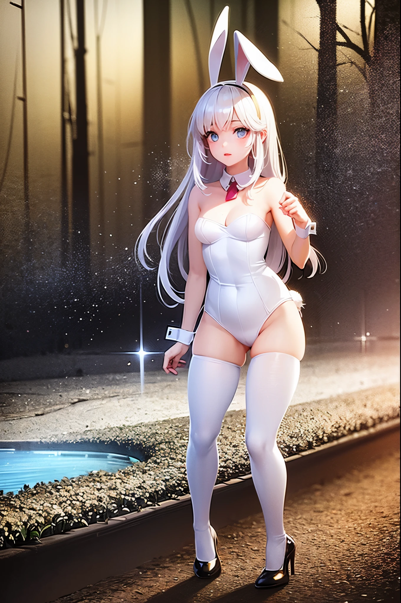 Alice (in wonderland), beautiful young adult (feminine), chic, funny body, Scrawny, medium breasts, soft and charming look, roupas feminines (white may) bunny outfit, white tights, bunny ears, high-heels, in the forest at night, full moon visible in the background, 8K, best qualityer, realistic anime style, RPG