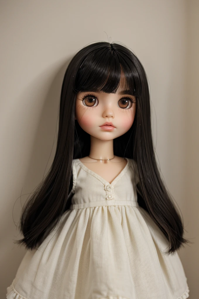 Blythe doll, chubby girl, round face, brunette, Mole under the right eye, dark brown eyes and a LITTLE slanted, black hair, thick lips, long eyelashes, straight hair