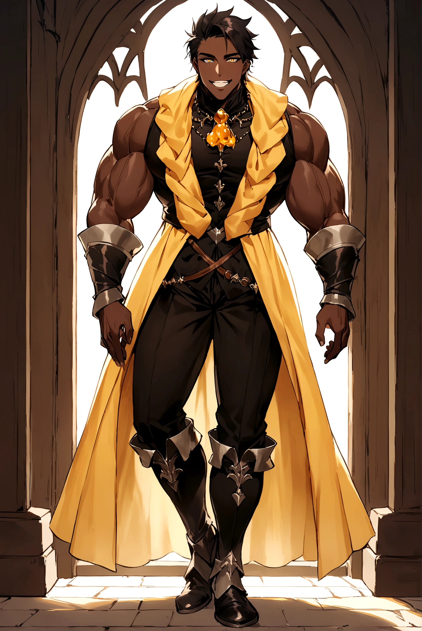 an attractive man with honey-colored eyes, looking 20 years old, BROWN SKIN, prominent canine teeth, elegantly cut short black hair, Medium build and tall with defined muscles, and wearing medieval renaissance gothic clothes (full body image) friendly and flirtatious expression
