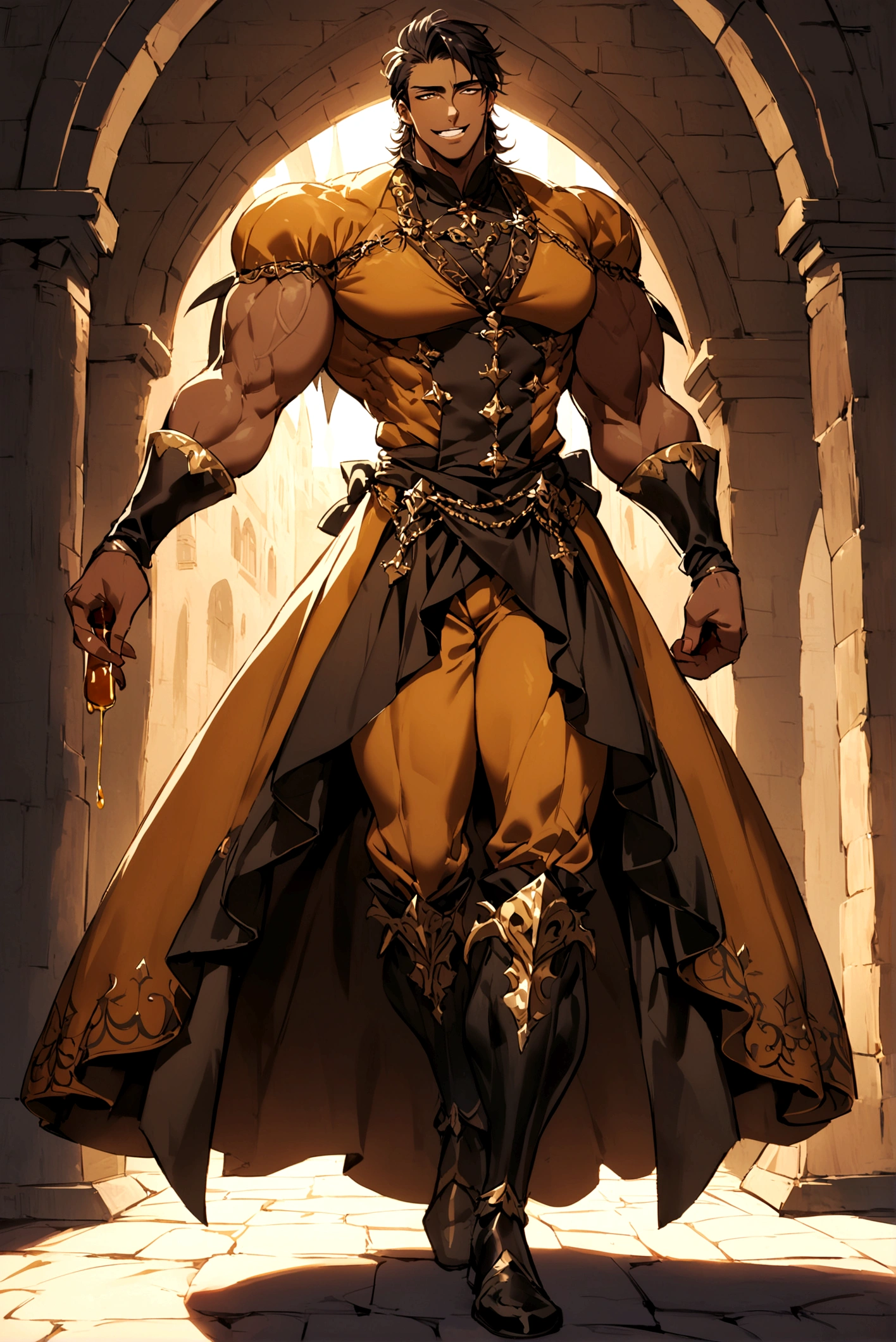 an attractive man with honey-colored eyes, looking 20 years old, BROWN SKIN, prominent canine teeth, elegantly cut short black hair, Medium build and tall with defined muscles, and wearing medieval renaissance gothic clothes (full body image) friendly and flirtatious expression